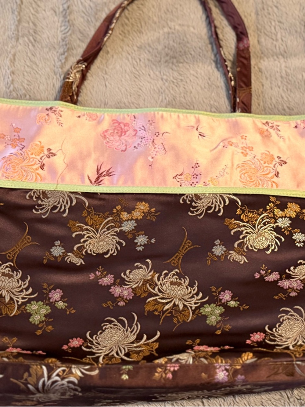 Yang Embroidered Floral Brocade Tote Bag - Pink & Brown, Large